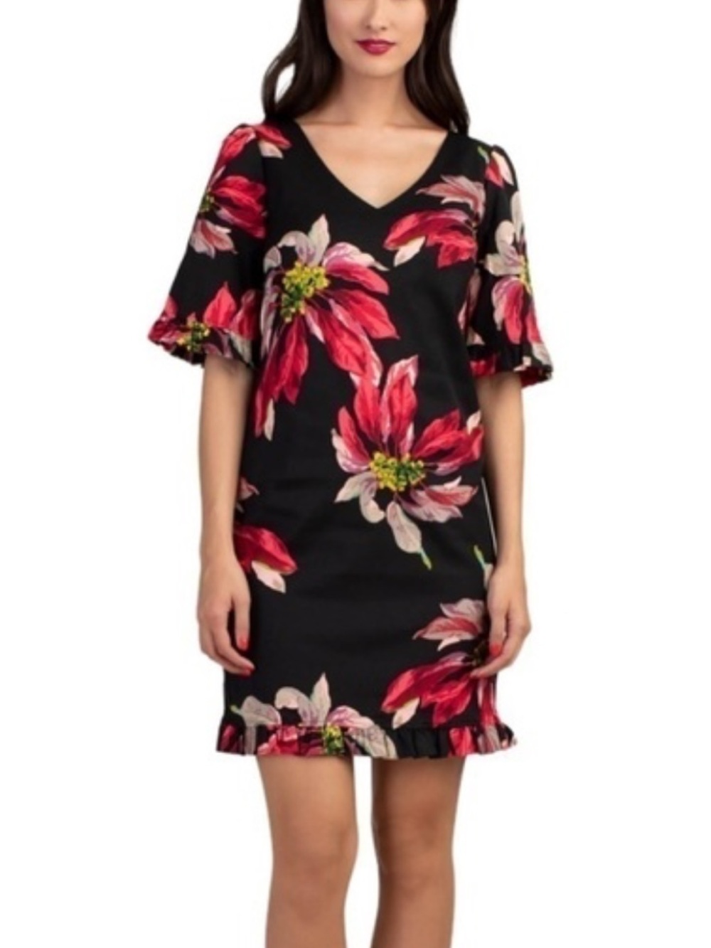 Trina Turk Black Floral Shift Dress with ruffle hem
